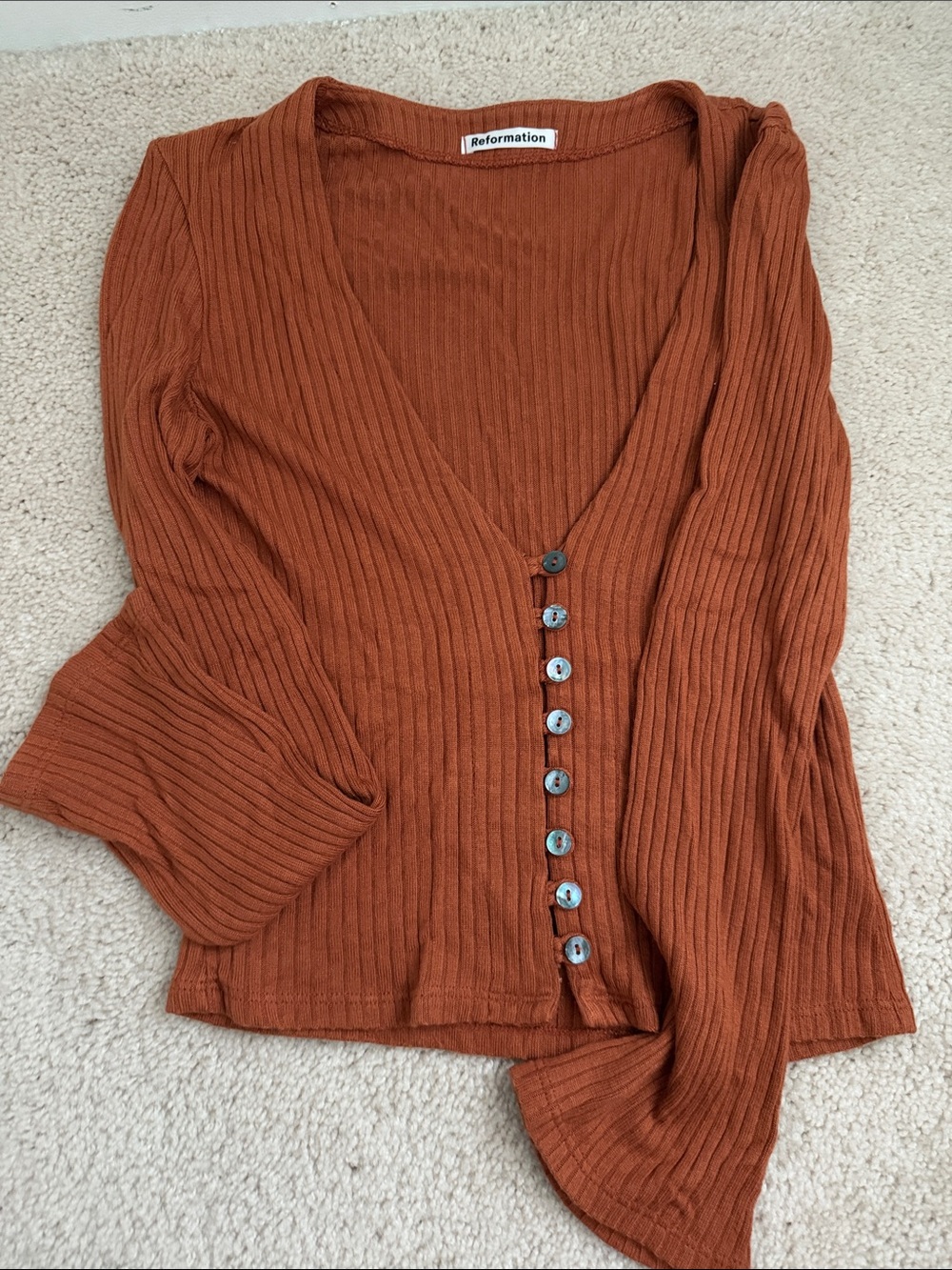 Reformation Burnt Orange Ribbed Button-Front Top